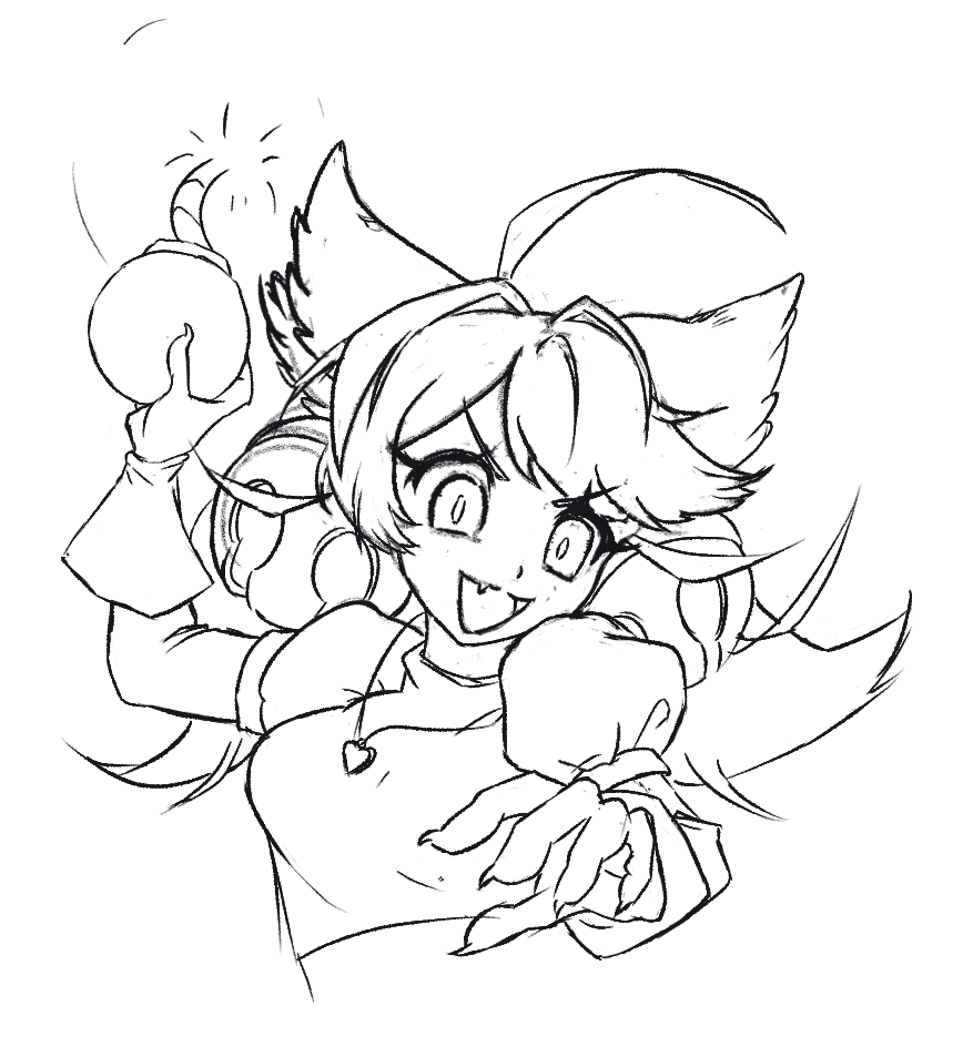 Copy study of a cheerful girl with animal ears and a fang, reaching towards the viewer