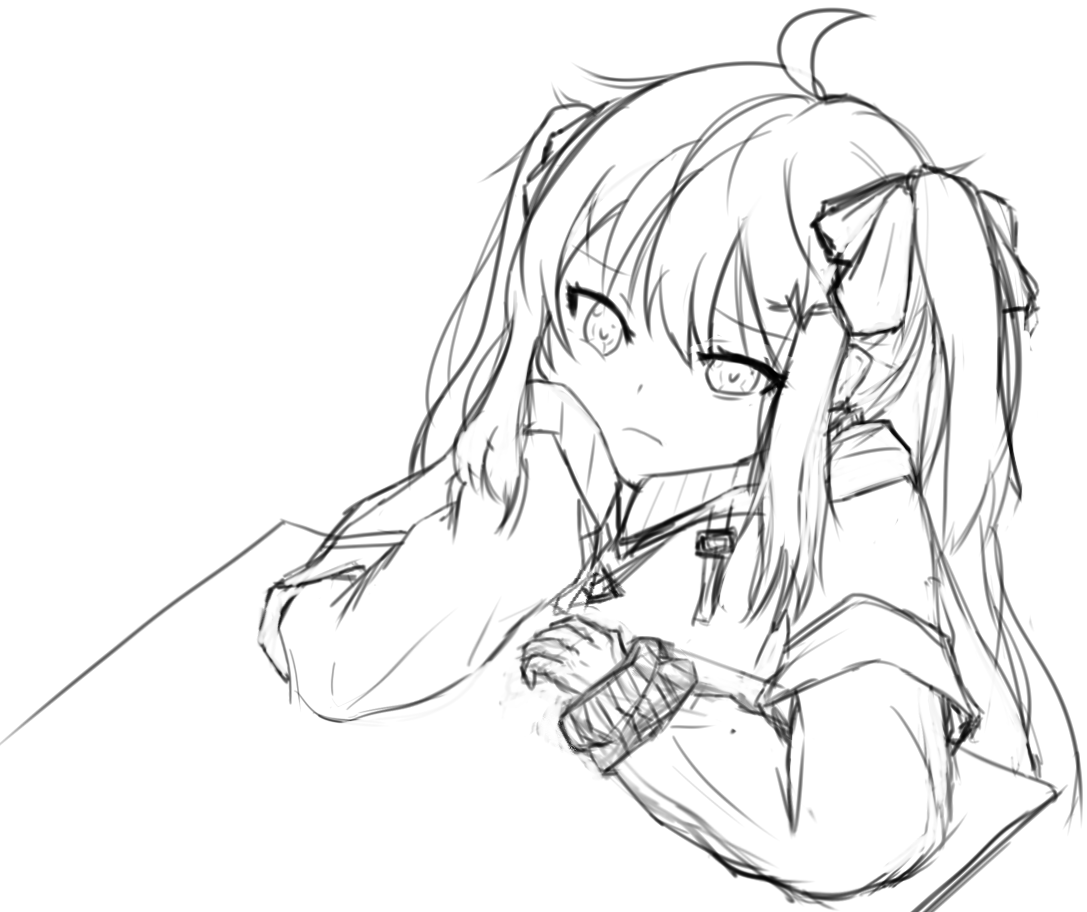 Line art sketch of a twin-tailed girl resting her cheek on her hand, looking unimpressed