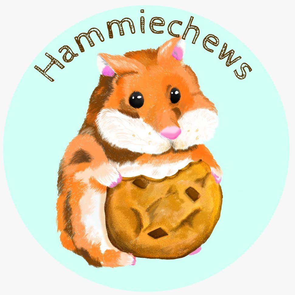 A digitally painted hamster hugging a chocolate chip cookie, inside a circular Hammiechews logo