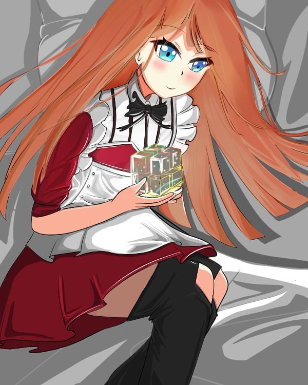 An orange-haired girl in a red and white maid-style outfit holding a glowing cube