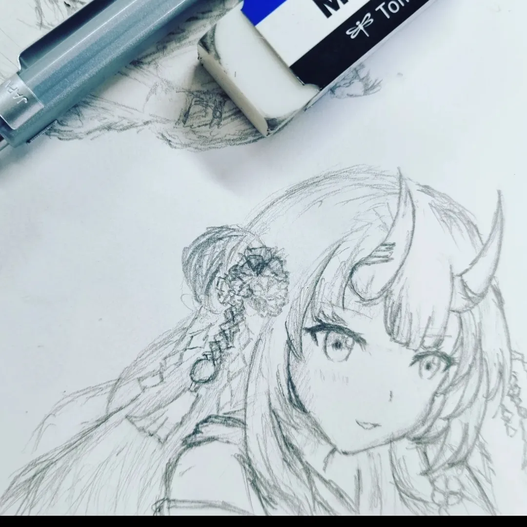 Pencil sketch of a horned girl with flowers in her hair