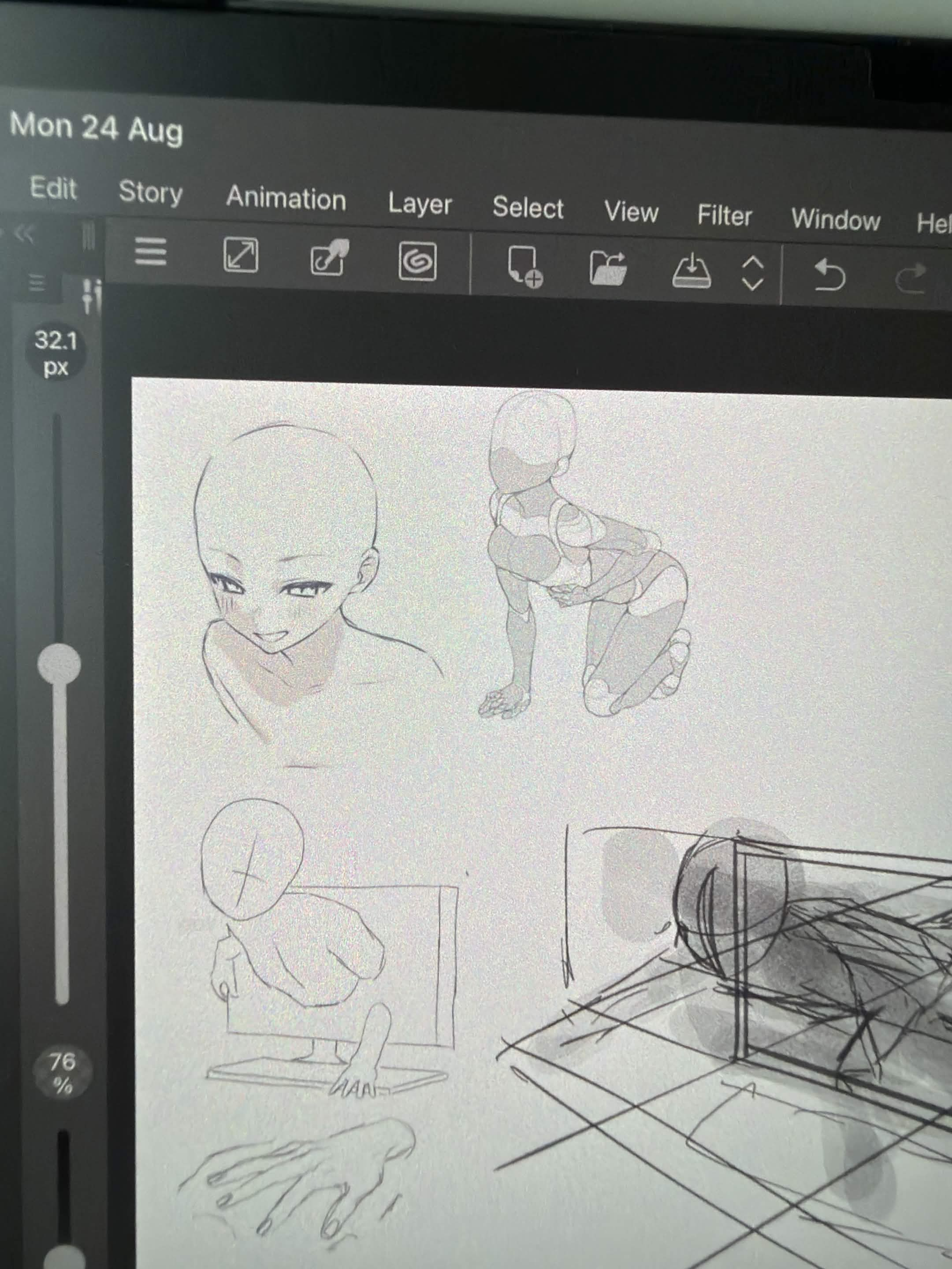Photo of pose, hand and face sketches drawn from the reference board