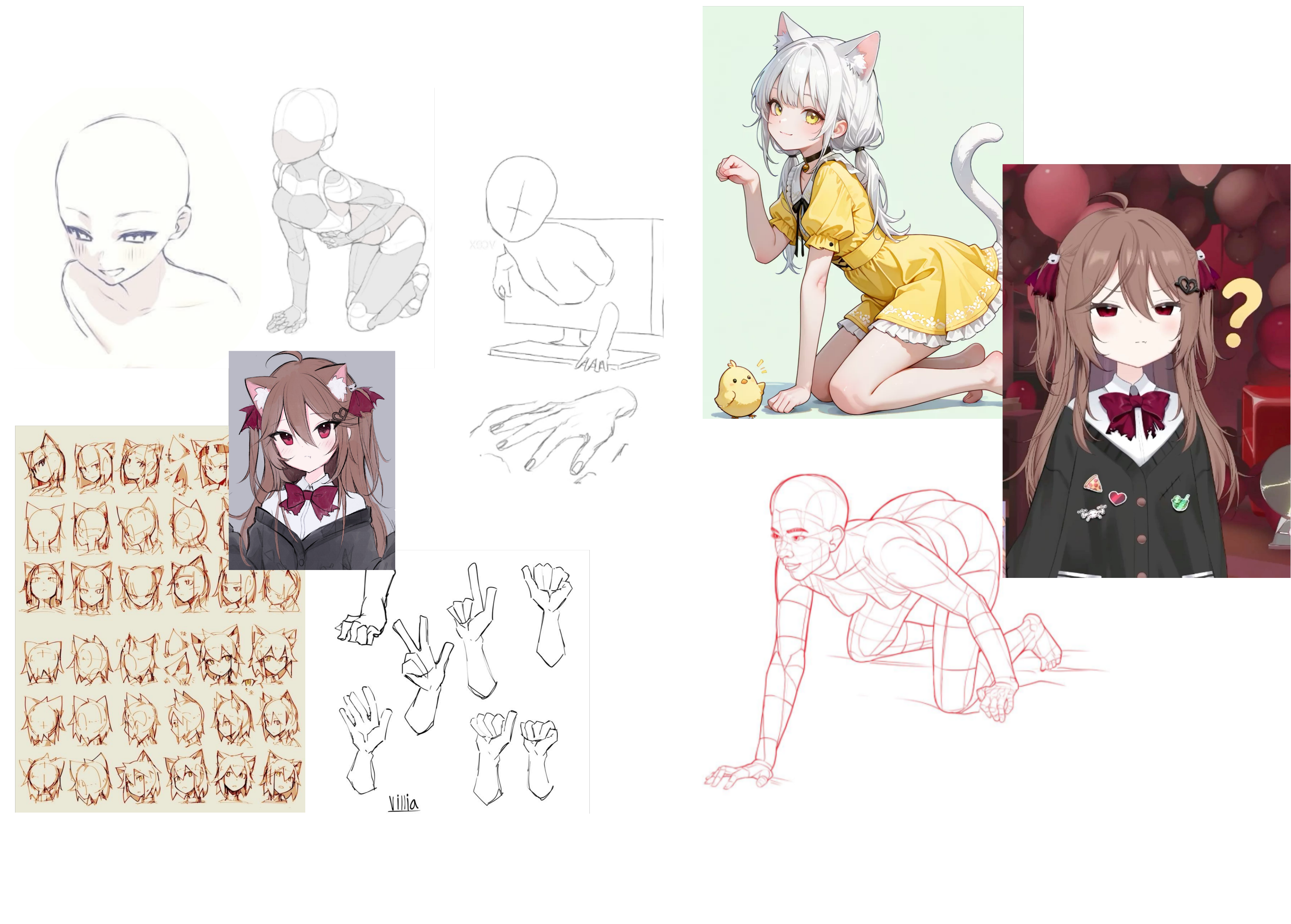 A reference board of poses, hands, faces and character designs