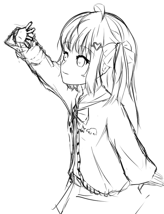 Line art of a girl with a heart hair clip reaching up with one hand